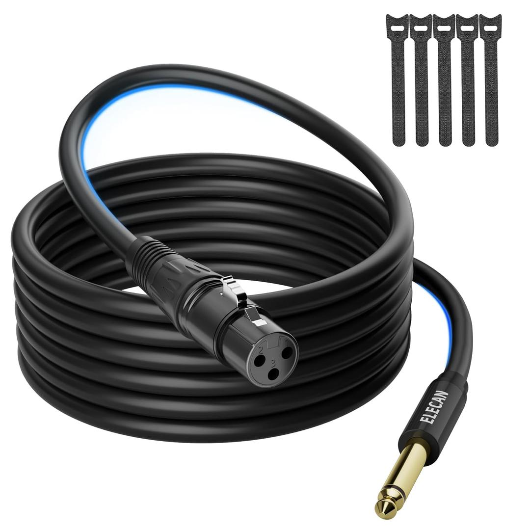Elecan XLR Male to 1/4 Inch 6.35mm TS Mono Microphone Cable 20 Ft, Professional Unbalanced Patch Cord Adapter for Mic Console, Stage, Speakers, Mixers, AMP, DJ, Instruments Studio Audio+5 Ties