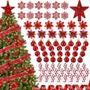 Realspring 91 Pcs Christmas Tree Ornaments Set, Hanging Christmas Balls Poinsettia Flowers Snowflakes Berries Star Topper Pine Needles with Ribbons for Holiday Xmas Home Decoration(Red)