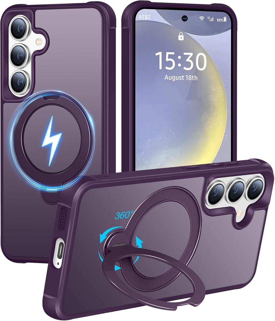 HuwaiH 360 Rotatable Magnetic Ring Stand for Samsung Galaxy S24 Plus/S25 Plus Case, Compatible with MagSafe, Military-Grade Shockproof, Anti-Scratch Matte Translucent Phone Case(Purple)