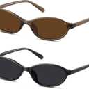Retro Oval Sunglasses for Women Small Cat Eye Sun Glasses Womens Trendy Y2K Narrow Shades UV400 Protection CL009 (2 Pack Black/Black+Brown/Brown)