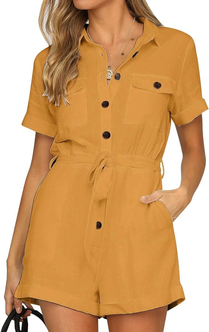 GRAPENT Women's Summer Short Sleeve Button Down Pockets Belted Jumpsuits Rompers (Small, Sunflower)