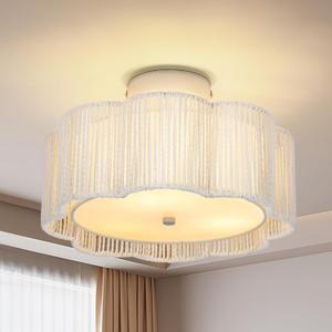 Boho Rattan Ceiling Light Fixtures, 3-Light Semi Flush Mount Ceiling Light Flower Drum Light Fixture, Close to Ceiling Light Whith Modern Chandelier Lighting for Bedroom Hallway Kitchen Dining Room