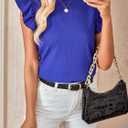 WDIRARA Women's Ruffle Cap Sleeve Blouse Shirts Frill Trim Crew Neck Tops (Blue, L)