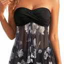 Tempt Me Womens Two Piece Bathing Suits Halter Bandeau Tankini Top Flyaway Swimsuit with Bottoms Tummy Control Swimwear (Black)