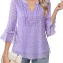 Furnex Womens 3/4 Sleeve Tops Dressy Casual Elegant Blouses V Neck Shirts Floral Double Layered Chiffon Tunic (Purple, XL)