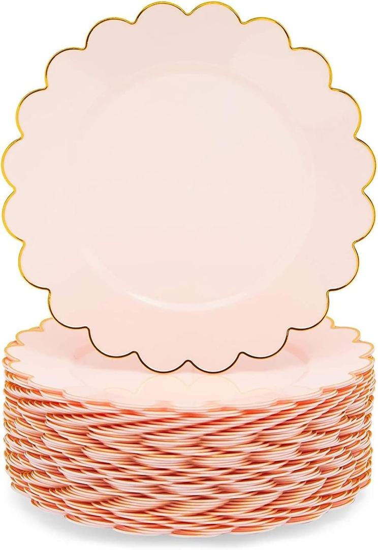 Sparkle and Bash 50 Pack Pink and Gold Plastic Plates, 9 Inch Scalloped Plates with Gold Rim for Birthday Party, & Baby Shower