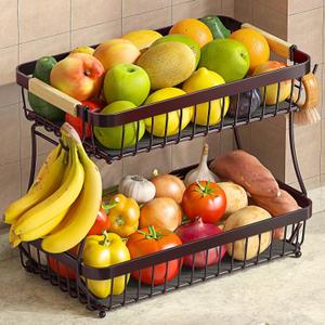 Sevenblue 2 Tier Large Fruit Basket for Kitchen Counter with 2 Mobile Banana Hangers, 2026 Pro Detachable Metal Fruit Bowl with Wooden Handle (Brown, 2 Tier Extra Large)