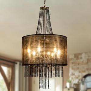 Wellmet Chrome Farmhouse Chandeliers for Dining Room, 6-Light Drum Vintage Gothic-Style Chandelier Lighting with Black Metal Chain Tassels for Living Room, Bedroom, Kitchen, Entryway, Foyer, Hallway