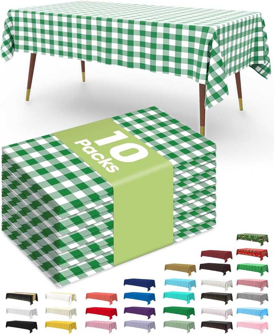 Pureegg Plastic Table Cloth Disposable 10 Pack, 54 x 108 Inch Table Cloths, Party, Picnic, Decorative Gingham Tablecloths, Rectangle, Green and White Checkered Cover, Leakproof & Sturdy, Green Plaid
