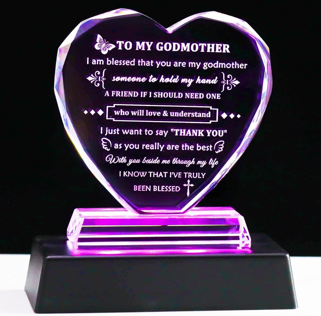 YWHL Godmother Gifts from Godchild with Colorful Light Base, Best Godmother Gifts for Birthday Crystal Heart Keepsake, To My Godmother Gifts from Goddaughter Godson on Mothers Day Christmas