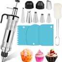 Dessert Decorating Syringe Set Frosting Piping Kit Stainless Steels Cake Decorating Tool 6 Russian Piping Icing Nozzles Cream Scraper Cupcake Frosting Filling Injector Cake Icing Tools (Black)