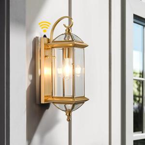 Solid Copper Dusk to Dawn Outdoor Wall Lantern, 20" Large Entry Satin Brass Porch Light with Clear Beveled Glass, Exterior Wall Sconce for Garage, Front Door & Patio, E26 Base