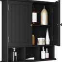 ChooChoo Bathroom Cabinet Wall Mounted 2-Door with 3 Open Shelves， Wooden Medicine Cabinets with Adjustable Shelf，Space Saver Storage Cabinets Over The Toilet for Bathroom&Living Room, Black