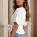 Womens Summer Tie Front Blouses 2026 Crew Neck Batwing Short Sleeve Basic Tops Shirts