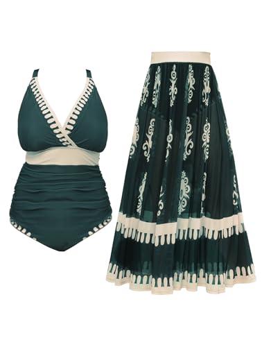 SCOMCHIC Womens Plus Size One Piece Swimsuit Tummy Control Bathing Suit Floral Prints Curvy Mesh Swim Skirt, 3XL