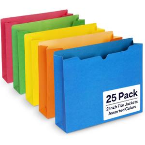 Enday 2 Inch File Jackets (25 Pack)- Assorted Colors Expandable File Folders - Straight Cut Tab - Letter Size Jacket Folders for Home & Office, Pocket File Folders in Red, Yellow, Blue, Green & Orange