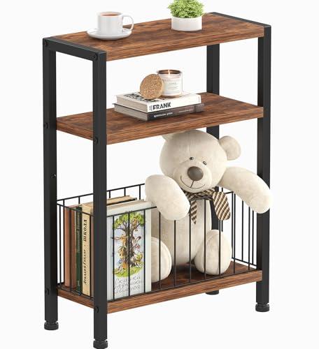 Heybly Small Narrow Side Table for Small Space, Thin Bedside Table with Storage Basket, Skinny End Table, Slim Nightstand, Couch Table for Living Room, Bedroom, Study, Balcony, Rustic Brown, HET007SR1 (7.1"D x 17"W x 22.1"H)