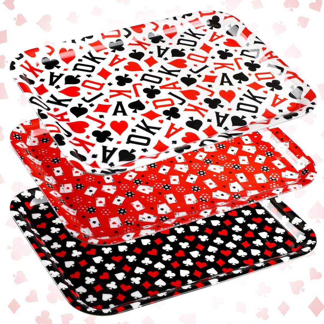 Rtteri 3 Pcs Casino Serving Tray and Platter 13 x 10 Inch Poker Plastic Platter Reusable Las Vegas Poker Plate Red and Black Playing Card Rectangle Candy Dish for Food Casino Birthday Party Decoration