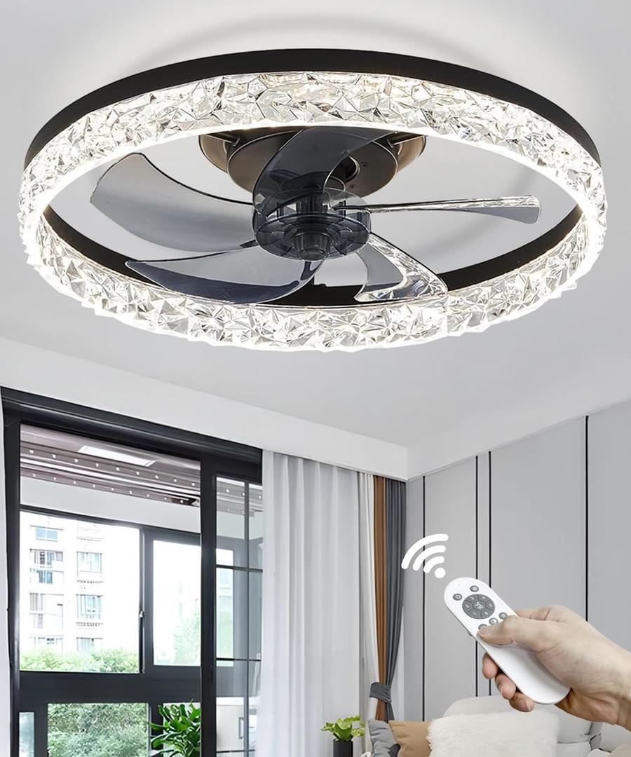 Ceiling Fans with Lights, 20 inches Black Flush Mount Ceiling Light with Reversible Fan 6 Wind Speeds Dimmable Seamless Color, Ceiling Light Fixture for Bedroom, Living Room and Kids Room