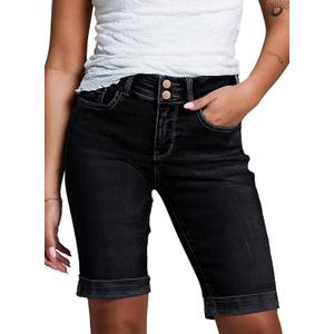 Sidefeel Women's Jean Shorts High Waisted Stretchy Bermuda Folded Hem Denim Summer Shorts (Black) Size: 4