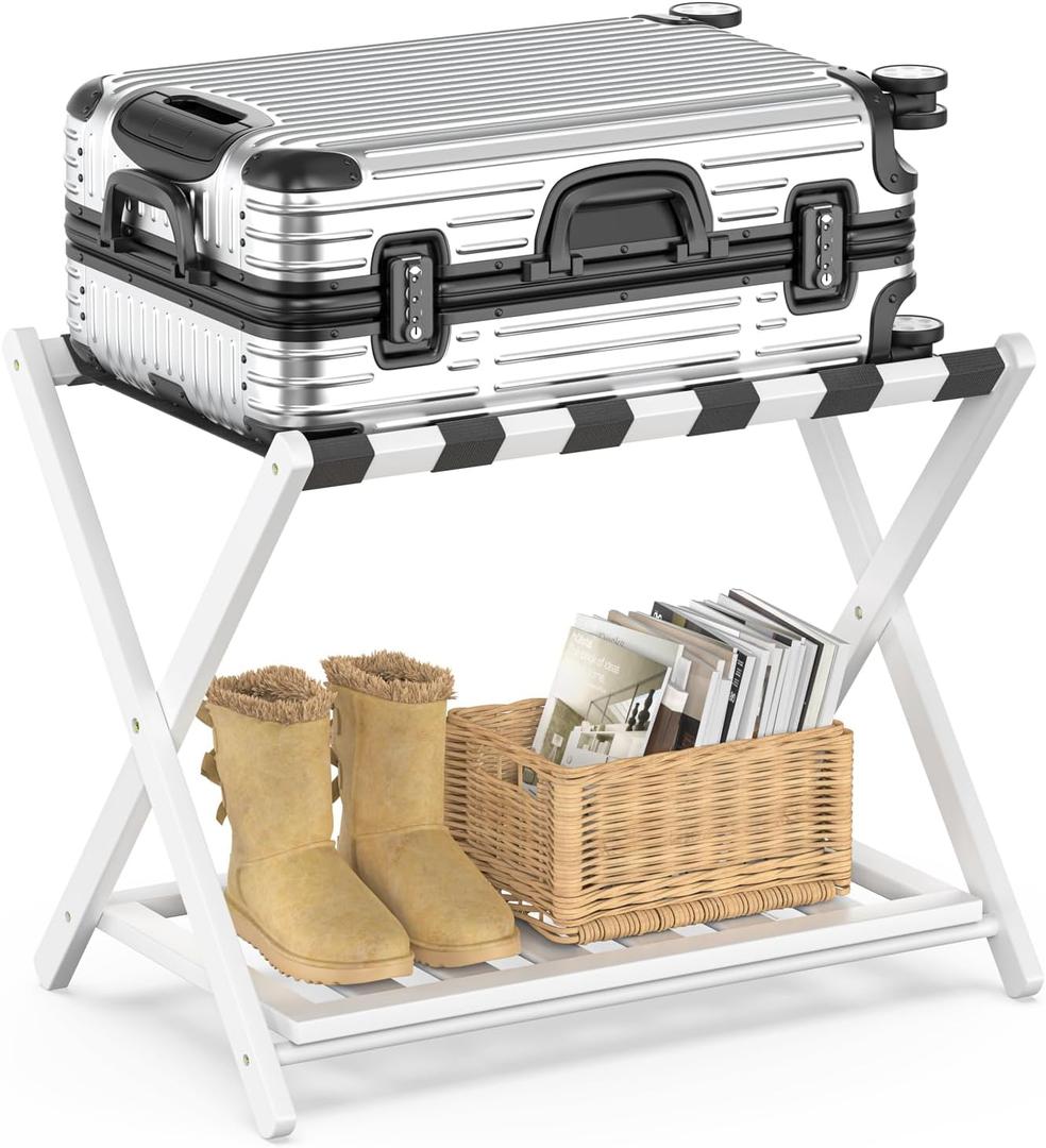 BAMBOOHOMIE Bamboo Luggage Rack for Guest Room, Wide Suitcase Stand with Storage Shelf, Folding Luggage Stand Holder for Bedroom Hotel, 26.77" Thickened Luggage Rack for Suitcases, White