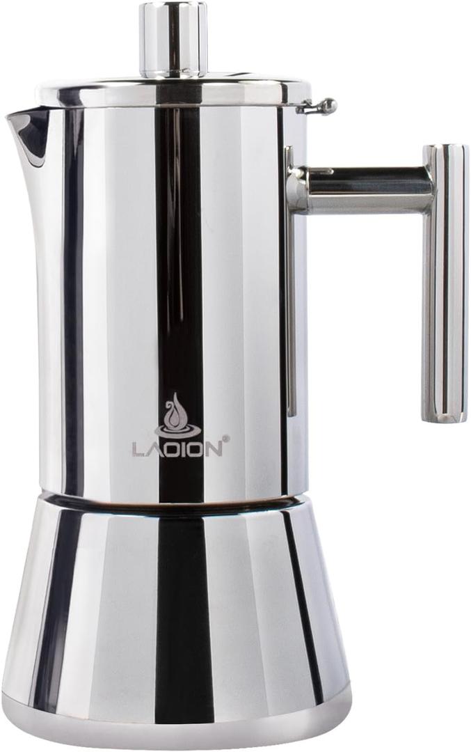 LAOION Stovetop Espresso Maker, 4Cup 6.8 oz Moka Pot, Stainless Steel Cuban and Italian Coffee Maker for Cafetera Cubana, Greca De Cafe Induction Stovetop Compatible, Coffee Gift for Home Travel (Silver)