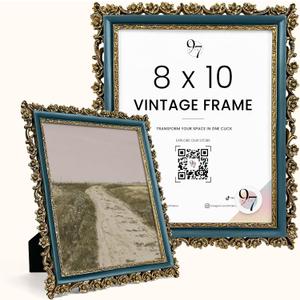 97 Decor Blue Gold 8x10 Ornate Picture Frames - Unique Vintage Picture Frames 8x10, Antique Frame 8 X 10 With Glass Front For Tabletop Photo Display And Wall Hanging, Fancy Frame 8 By 10