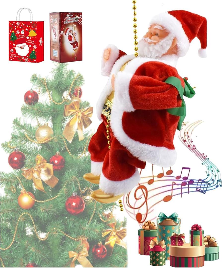 Electric Santa Climbing Rope Decoration, Climbing Santa with Music, Battery Operated Climbing Santas Claus, Funny Musical Christmas Tree Ornament, Holiday Decoration Gift (1 pc)