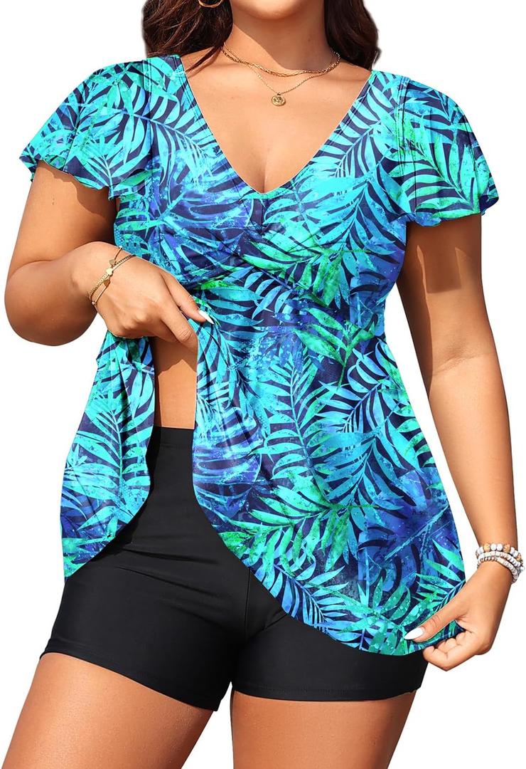Aqua Eve Plus Size Tankini Swimsuits Bathing Suit - Women Two Piece with Shorts Tummy Control Swimwear Blue Leaves 24W XL