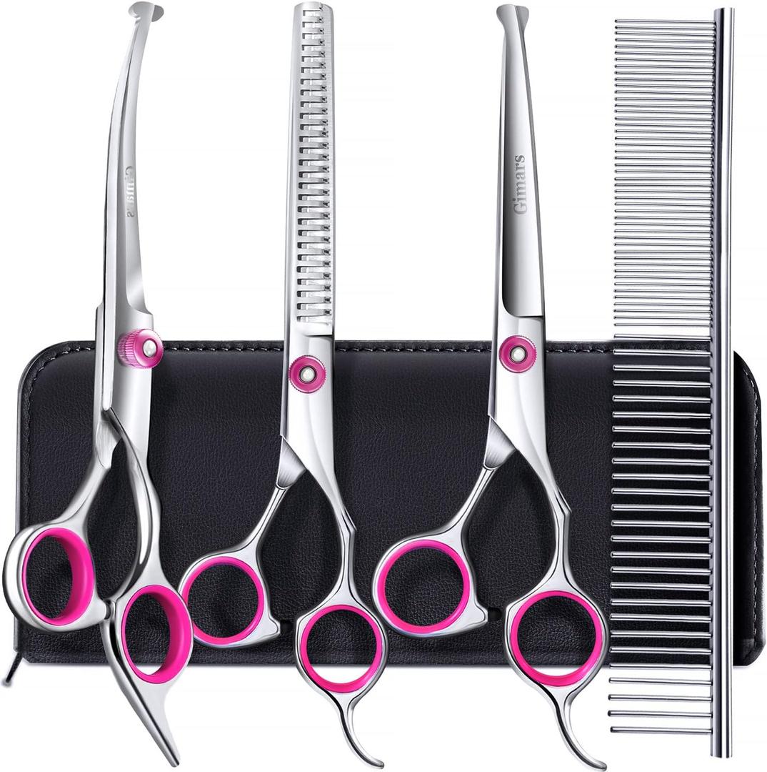 Gimars Dog Grooming Scissors Kit Professional 4CR with Safety Round Tip, 5 in 1 Heavy Duty Titanium Coated Thinning & Curved & Straight Shears
