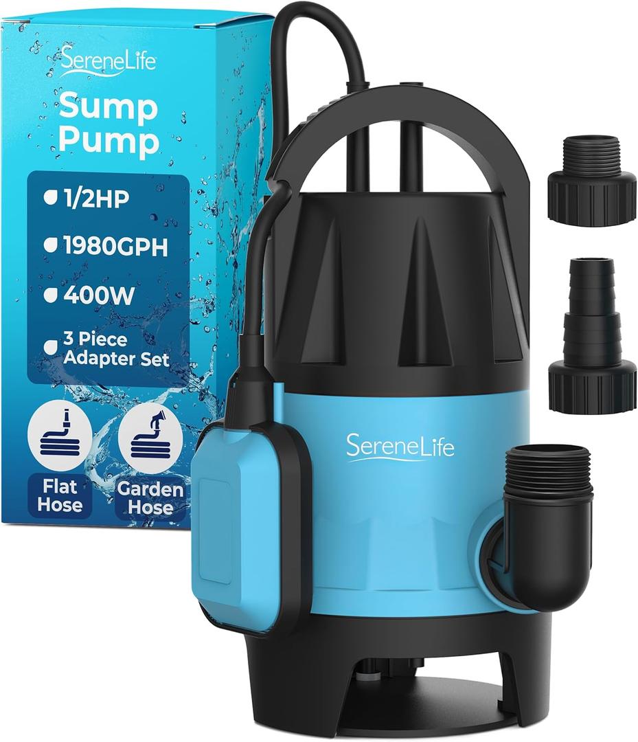 SereneLife 400W Submersible Pump Clean Dirty Water Powerful Utility Sump Pump Auto Float Switch,16 ft. Cord, Basement, Yard, Swimming Pool, Pond, Flooded Area, Garden or Flat Hose