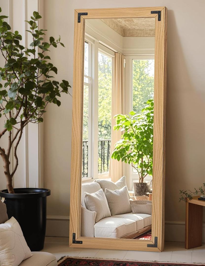 Full Length Mirror with Wooden Frame, 65"X24" Solid Wood Standing Floor Mirror for Farmhouse, Bathroom, Bedroom, Hanging or Leaning Wall-Mounted(Natural) (White)