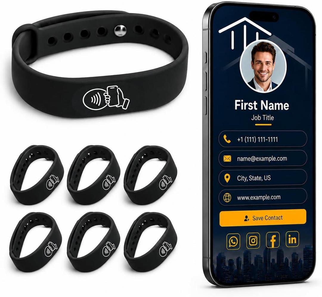 Tap Wristband - NFC Tags Digital Business Card - Tap NFC & Scan QR Code Bracelet - No Fee, No Subscription - Works on iPhone, Android (Black, Pack 6)