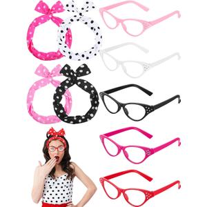 Dunzy 50's Women Accessories Set Sock Hop Party Decorations Cat Glasses Polka Dot Headband for 1950s Costumes Party (Colored)