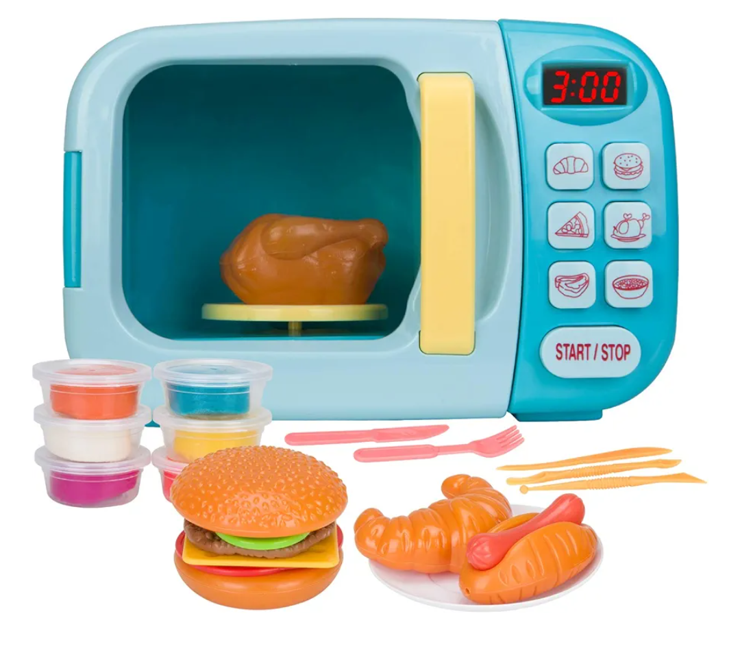 Microwave Toys Kitchen Play Set with Light Sound,Kids Pretend Play Electronic Oven with Play Food and 6 Color DIY Play-Dough for Children Ages 3+ Years (Blue)