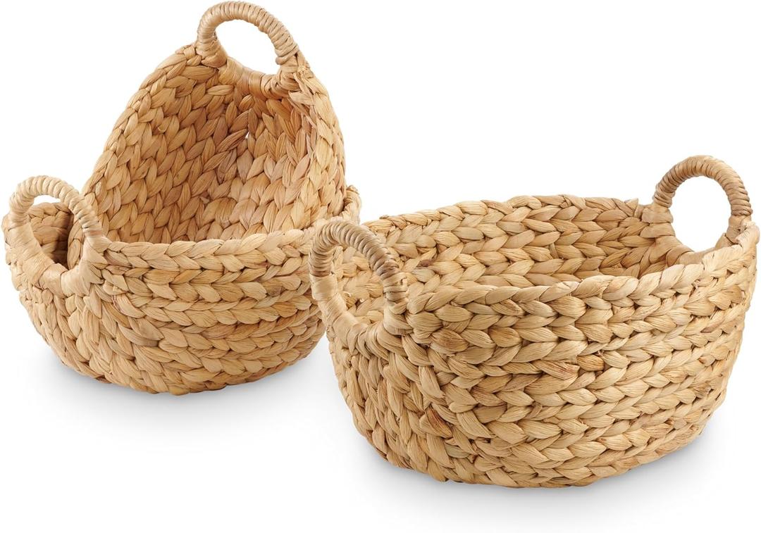 Set of 3 Wicker Storage Baskets for Organizing - Woven Decorative Baskets with Handles - Organizers for Bathroom, Kitchen, and Shelves (Natural)