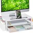 AUPSEN White Monitor Stand Riser, 2-Tier Wood Computer Desk Organizer with Drawer, Pen Storage & Phone Holder ，Office Desk Accessories Desktop Organizer for Office Supplies