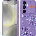 PERRKLD for Samsung Galaxy S24 Case with Slide Camera Cover, [Cute Purple Lavender Floral Flowers Print] Hard Protective Shockproof Cover for Women Girls (for S24)- Purple Lavender