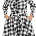 FANCYINN Women Long Sleeve Plaid Pattern Tunic Tops Shirt Casual Dress (Small, B-pleated Front Chest Black White Plaid) XL