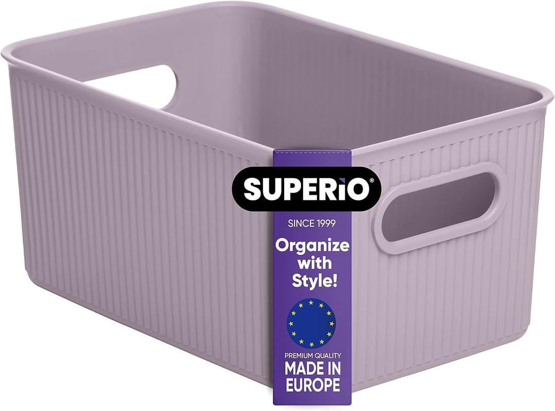 Superio Ribbed Collection - Decorative Plastic Open Home Storage Bins Organizer Baskets, Medium Lilac Purple (1 Pack) Container Boxes for Organizing Closet Shelves Drawer Shelf 5 Liter
