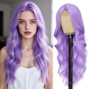 Long Purple Wavy Wig for Women 26 Inch Light Purple Middle Part Curly Synthetic Hair Wig Natural Look Heat Resistant Fiber for Daily Party Use