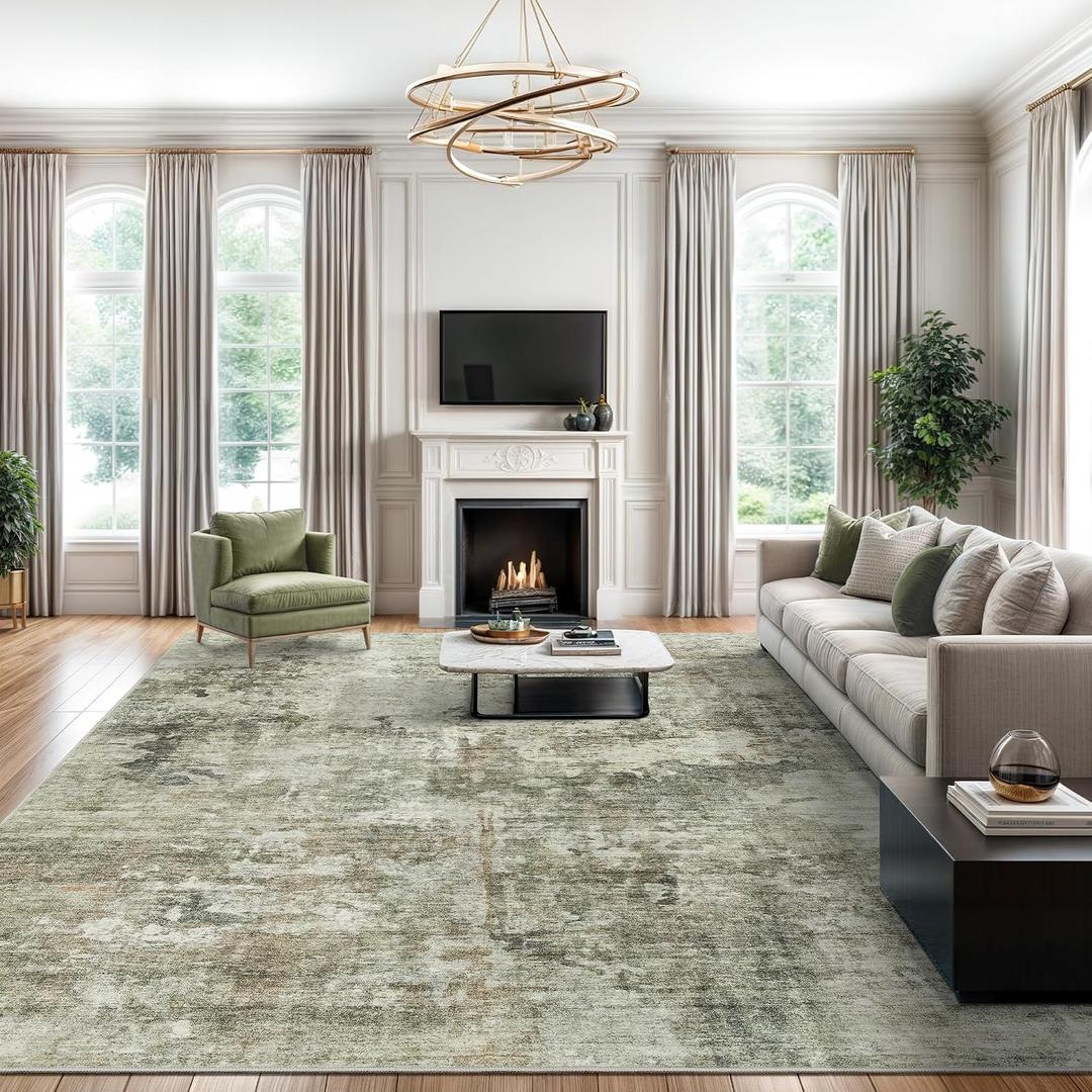 Soalmost Abstract Rug 8x10 Large Living Room Neutral Modern Washable Area Rugs for Bedroom Dining Room Non-Slip Stain Resistant Foldable Thin Green Black