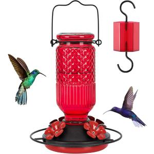 FEED GARDEN Glass Hummingbird Feeder, 16oz Outdoor Hanging Bird Feeder with Ant Moat, 4 Bee-Proof Feeding Ports, 360 Perch, Leak-Proof, Red