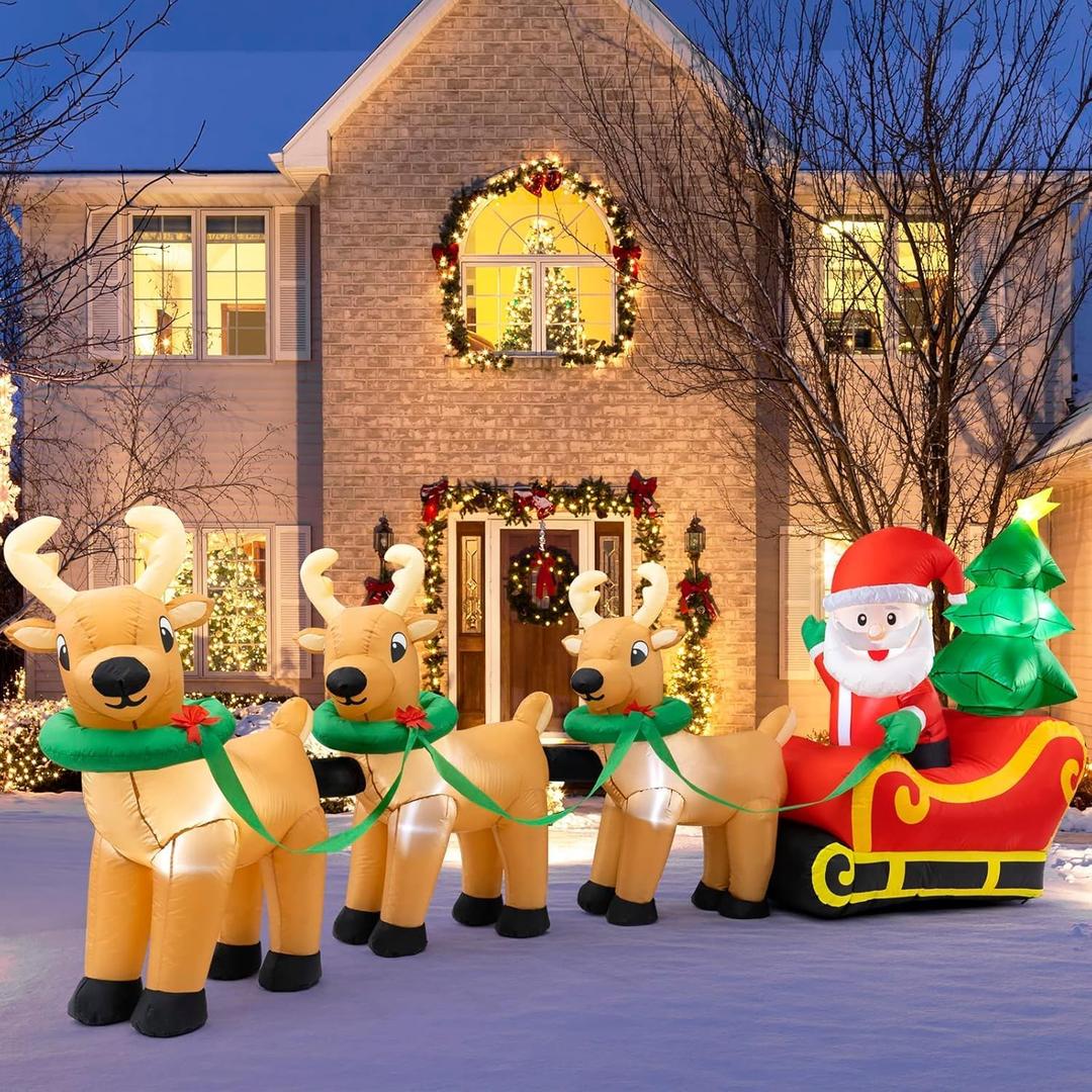 Sizonjoy Outdoor Christmas Inflatables Decorations,13 FT Lighted Christmas Inflatables Santa Claus on Sleigh with 3 Reindeer & Christmas Tree for Indoor Outdoor Home Holiday Yard Decorations