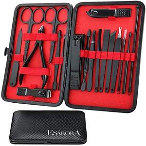ESARORA Manicure Set, 18 in 1 Stainless Steel Professional Pedicure Kit Nail Scissors Grooming Kit with Black Leather Travel Case