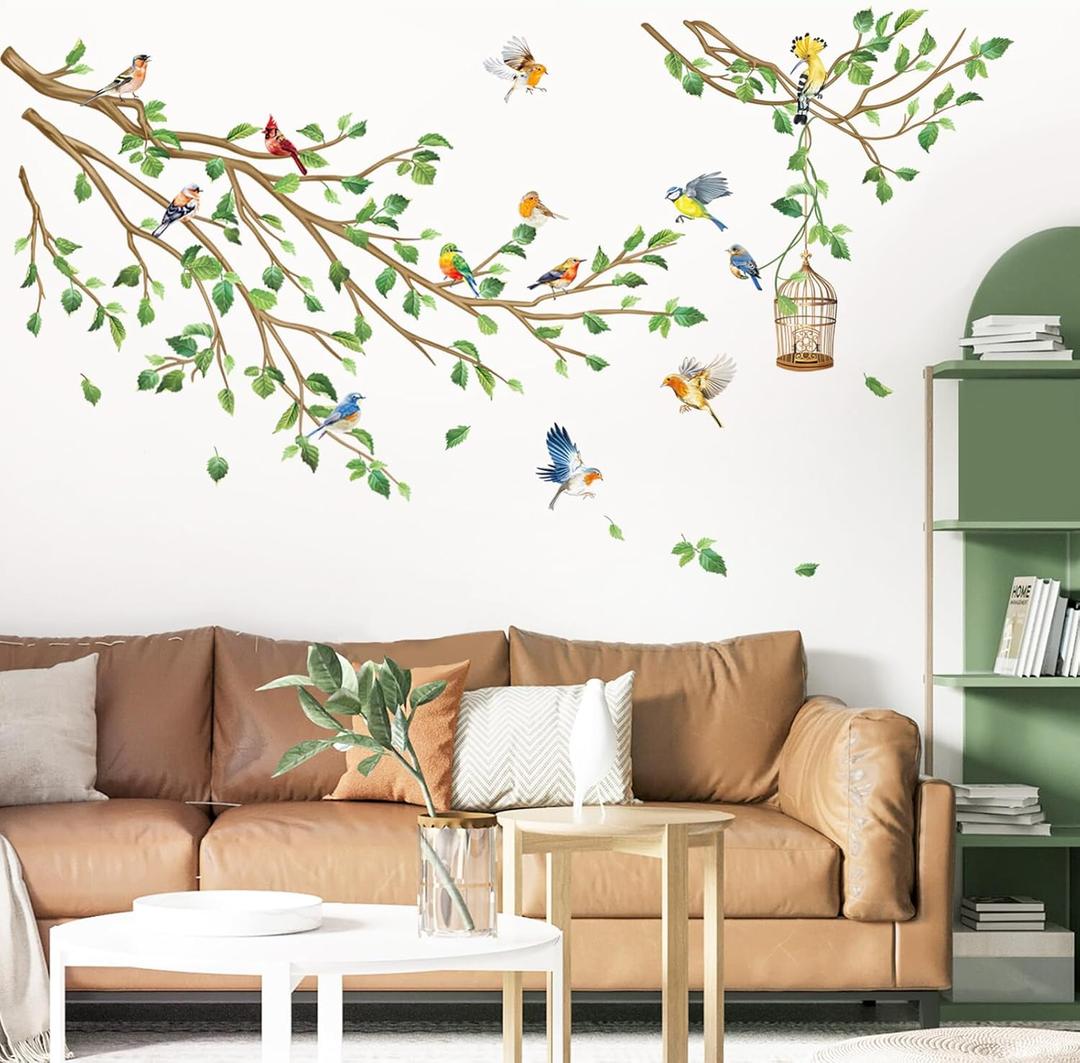 decalmile Birds on Tree Branch Wall Decals Spring Green Leaves Flying Bird Wall Stickers Living Room Bedroom Sofa TV Background Wall Decor