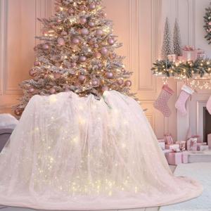 4 x 10.8 ft Extra Large Fluffy Tulle Christmas Tree Decorations Pleated Sparkly Tutu Christmas Tree Skirt Vintage Elegant Ornaments for Xmas Wedding Home Dining Table Decorations(Pink)