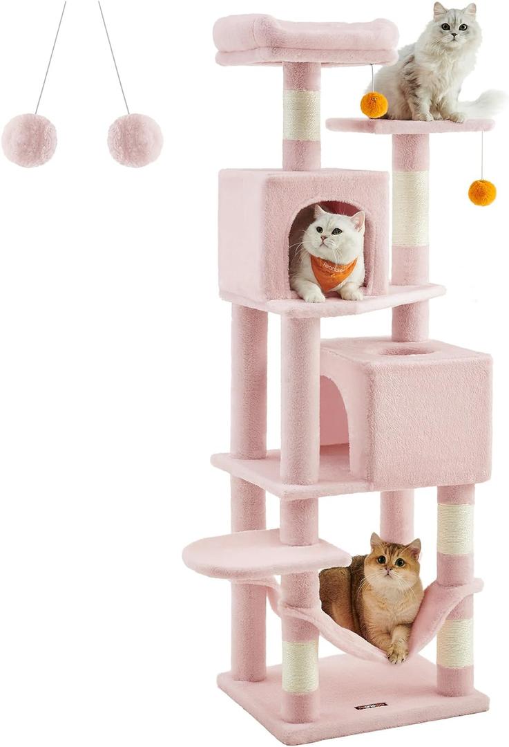 Feandrea Cat Tree, 61-Inch Cat Tower for Indoor Cats, Plush Multi-Level Cat Condo with 5 Scratching Posts, 2 Perches, 2 Caves, Hammock, 2 Pompoms, Jelly Pink UPCT192P01 (61 Inches)