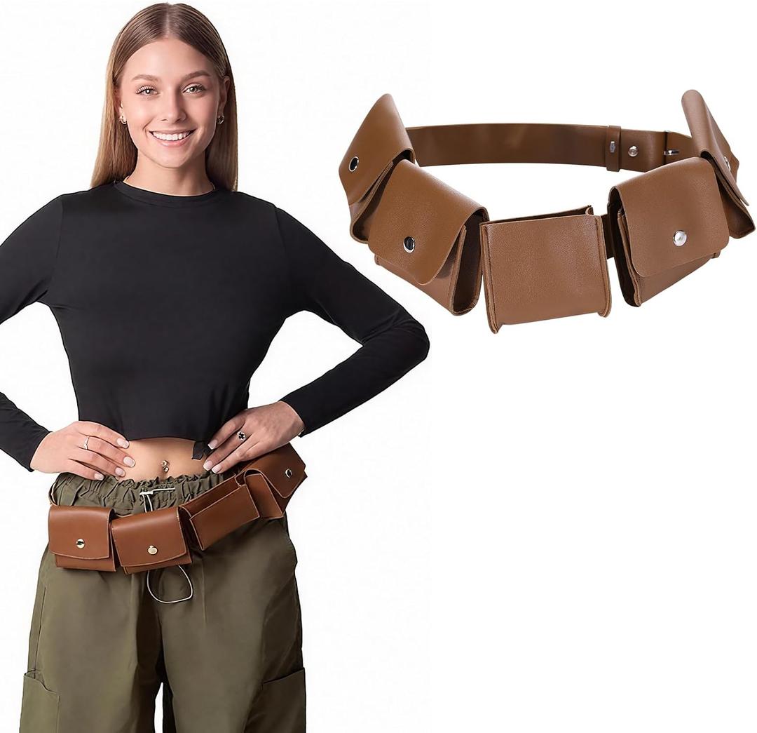 Shyyween Halloween Cosplay Brown Utility Leather Belt with Pocket Costume Belt Cosplay Accessories Set for Adult Women Men Halloween