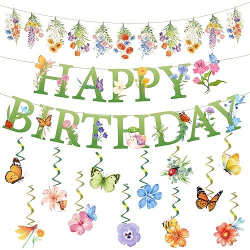 Spring Flower Birthday Decorations, Wildflower Party Decorations include Happy Birthday Banner and Flower Themed Hanging Swirls, Garden Birthday Decorations for Women Girl